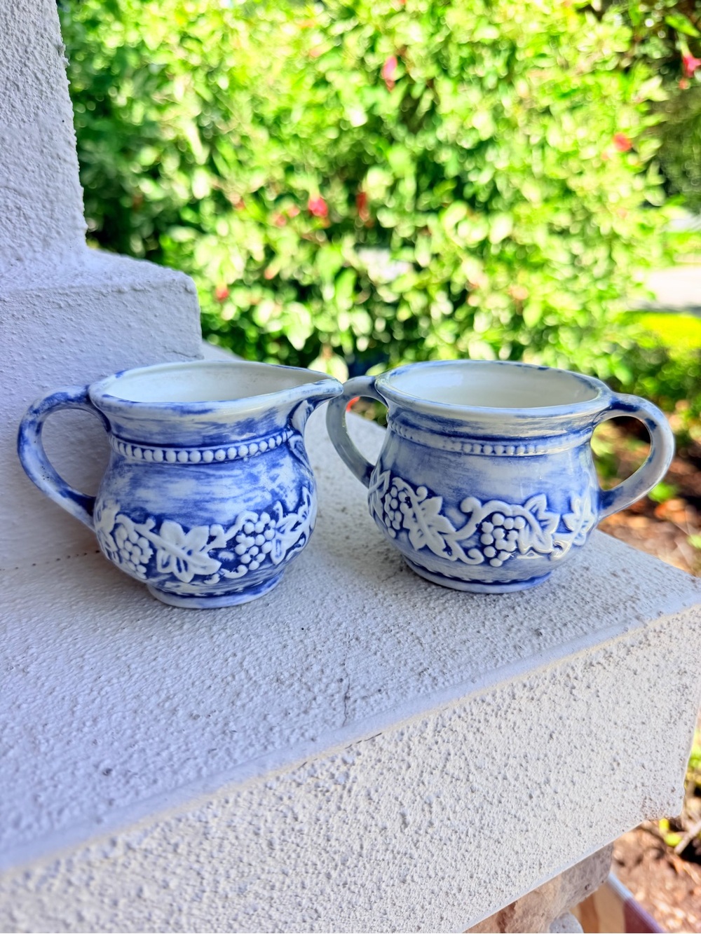1967 Hand Painted Blue & White Pottery Creamer & Sugar Bowl Set Grapevine Relief